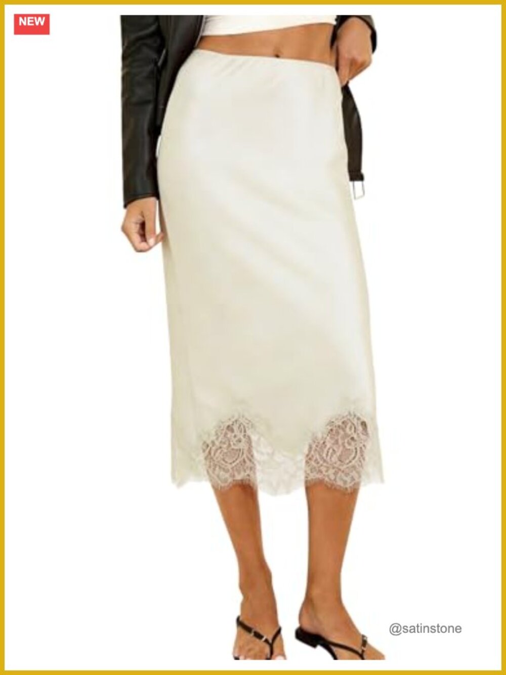 Satin Midi Skirt Women A-Line High Waist Lace Trim Flowy Night Out